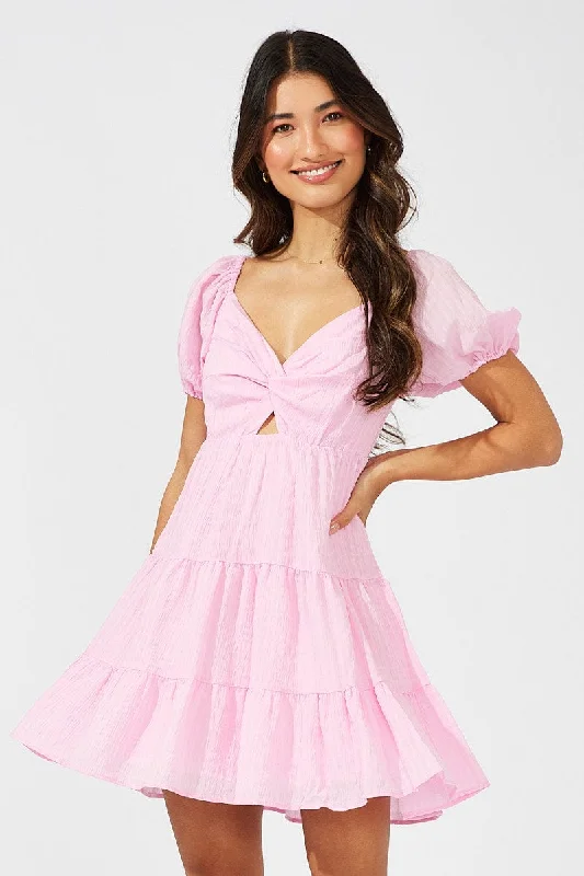 Pink Fit And Flare Dress Puff Sleeve Mini